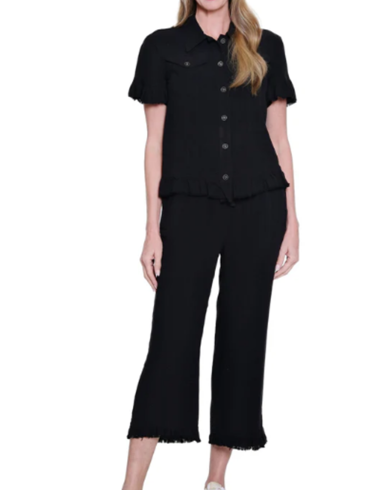 Multiples Multiples Petite Black Ruffle Short Sleeve 2-Pocket Ruffle Hem Jean Jacket