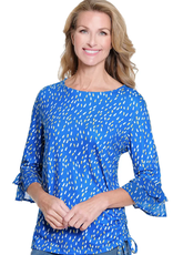 Multiples Multiples Dot Multi 3/4 Dbl Flounce Slv Drop Shoulder Bateau Neck Side Drawstring Top LS