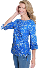 Multiples Multiples Dot Multi 3/4 Dbl Flounce Slv Drop Shoulder Bateau Neck Side Drawstring Top LS
