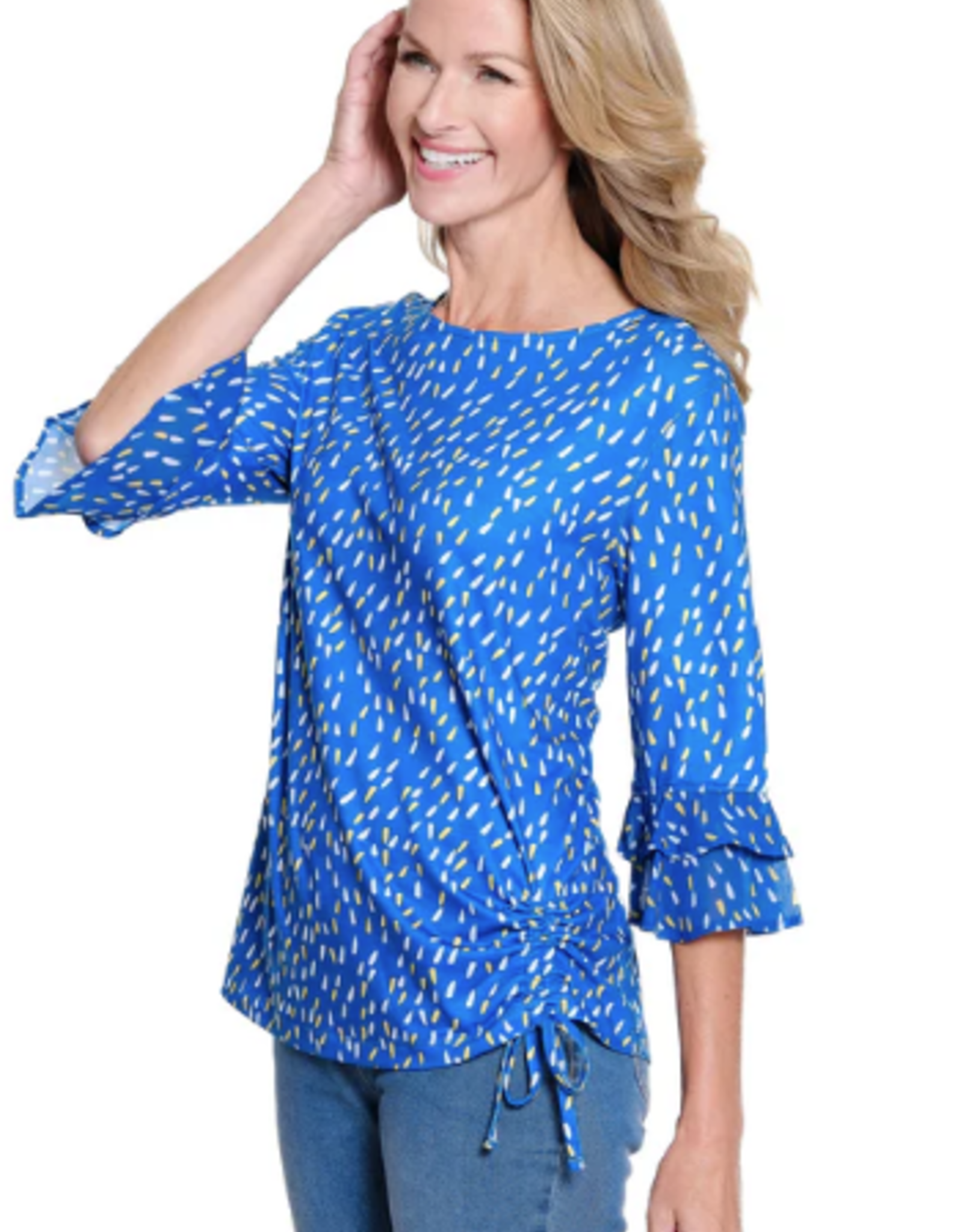 Multiples Multiples Dot Multi 3/4 Dbl Flounce Slv Drop Shoulder Bateau Neck Side Drawstring Top LS