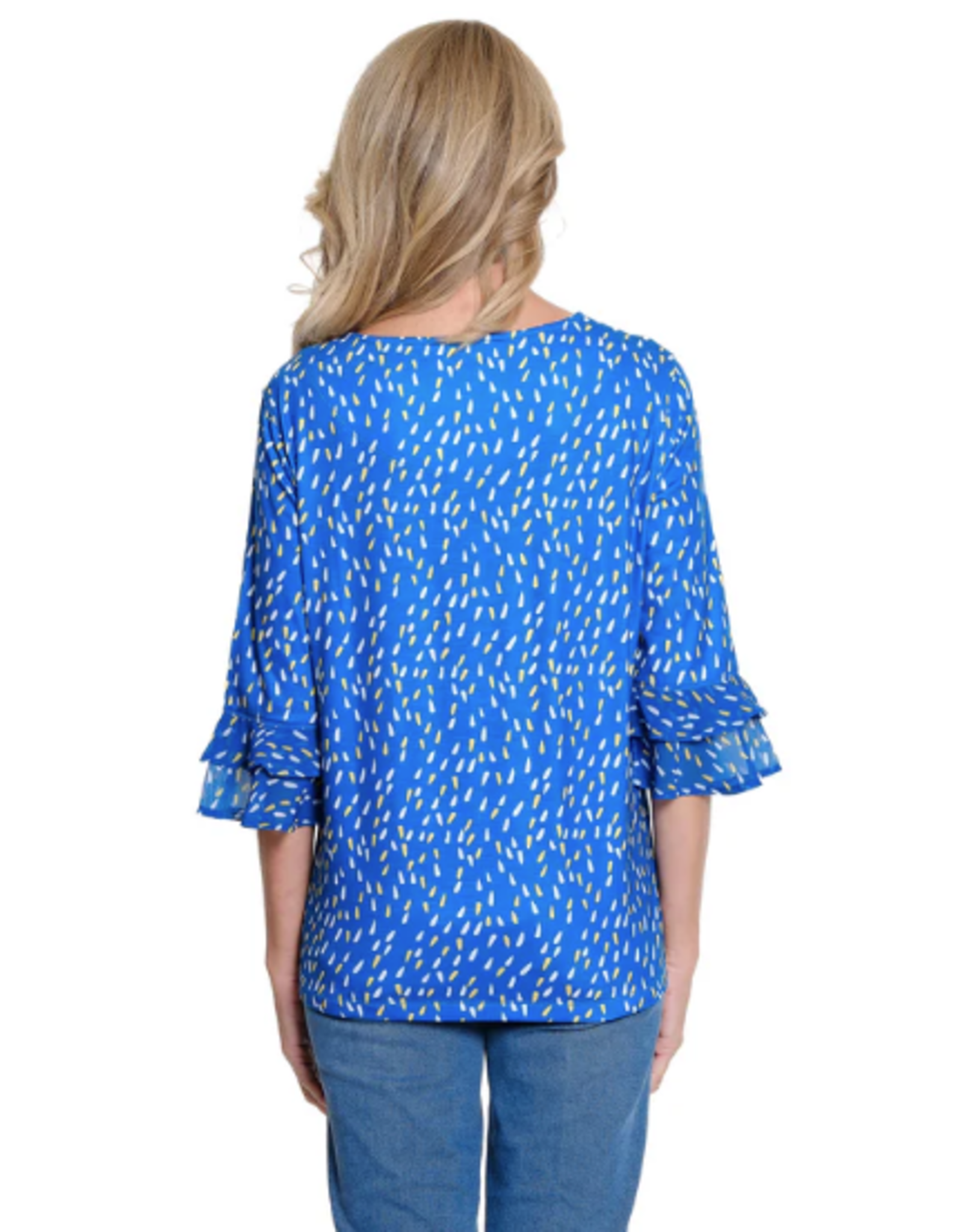 Multiples Multiples Dot Multi 3/4 Dbl Flounce Slv Drop Shoulder Bateau Neck Side Drawstring Top LS