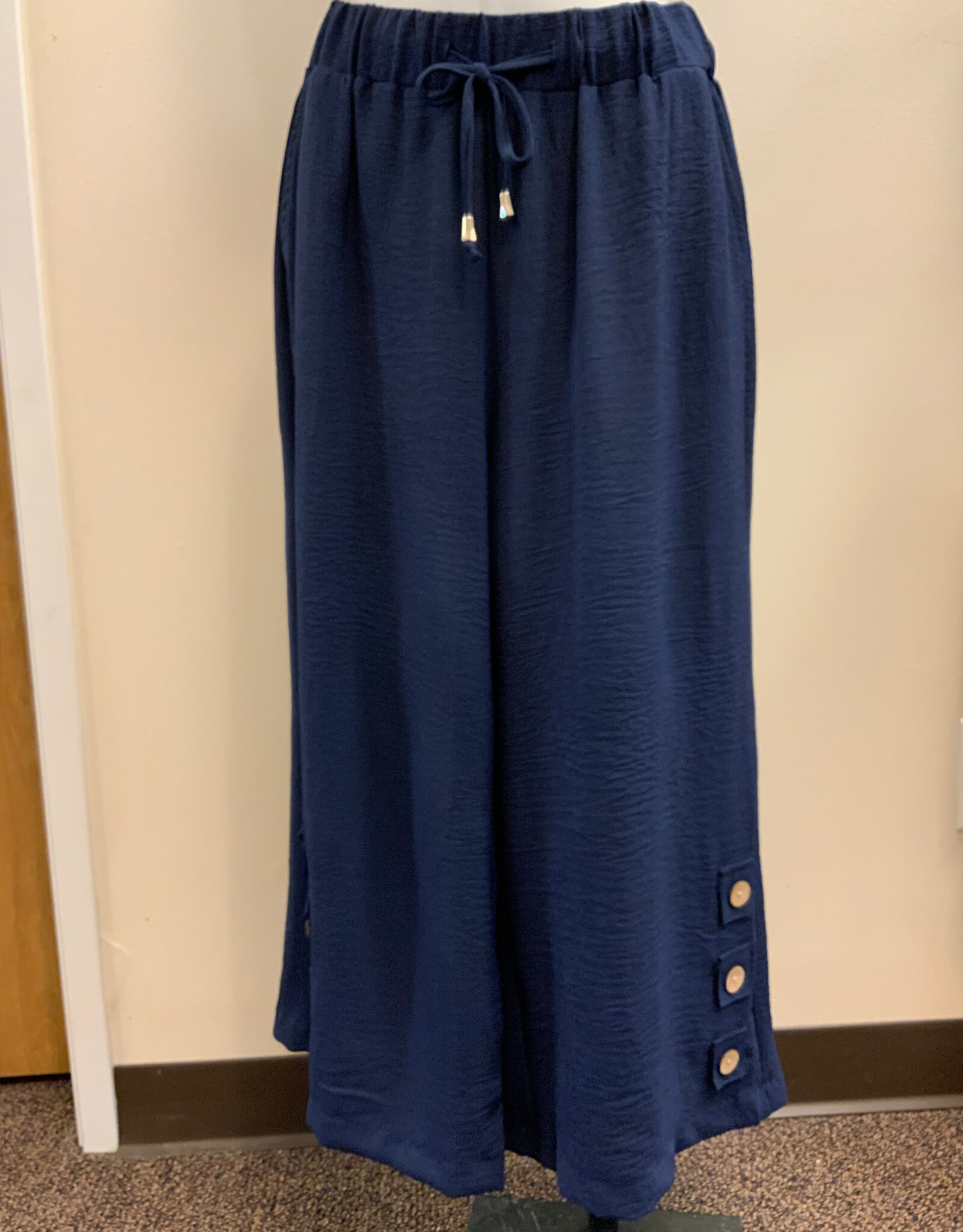 Creation Creation  AM394 Navy Solid Pull-Up Drawstring Pant w/Buttons LE