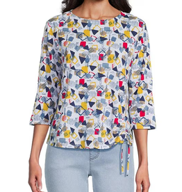 Multiples Multiples Petite Multi 3/4 Sleeve Drop Shoulder Bateau Neck Side Drawstring Top