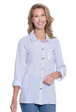 Multiples Multiples White Navy Roll Tab Long Sleeve 3-Pocket Button Front Hi-Lo Shirt