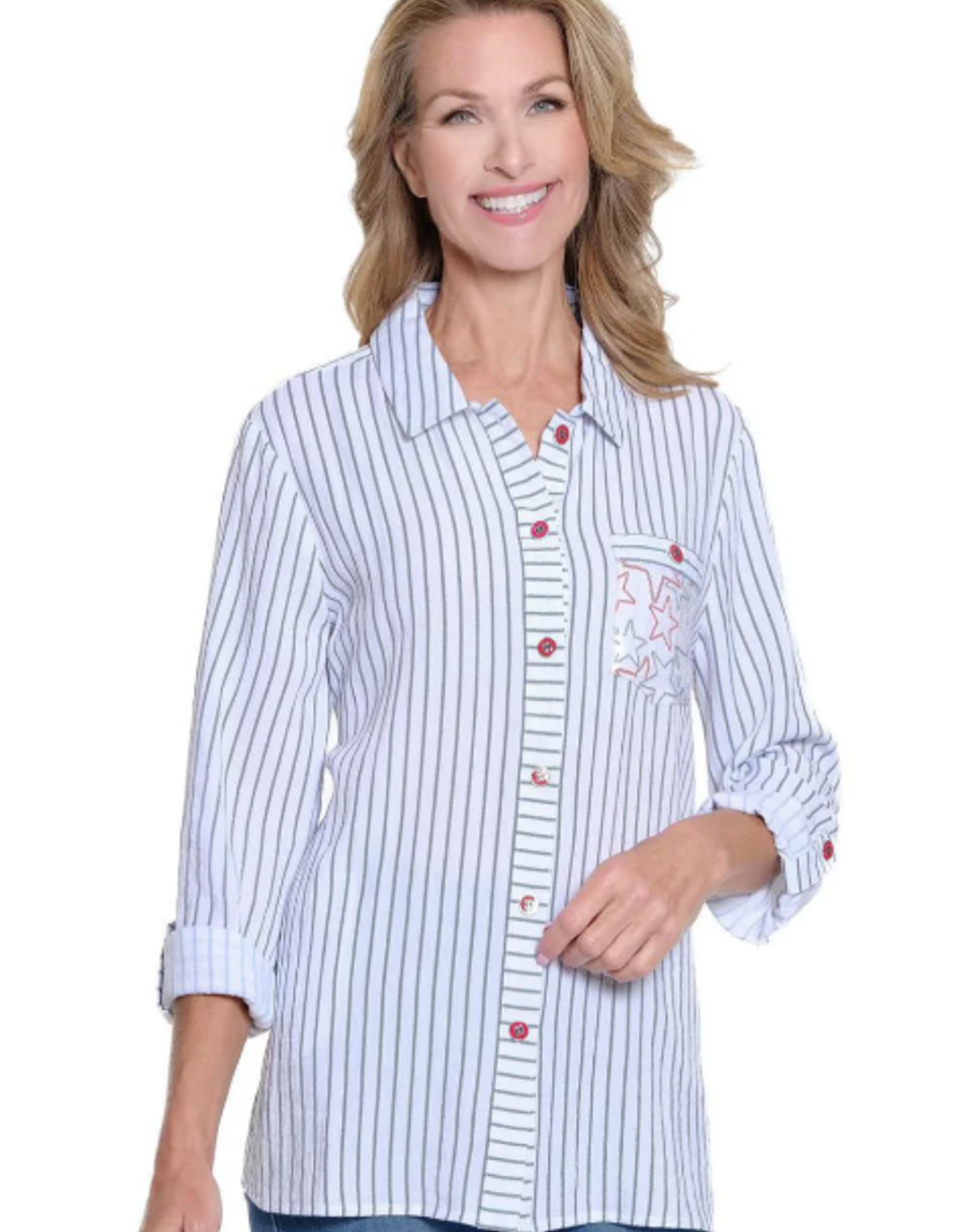 Multiples Multiples White Navy Roll Tab Long Sleeve 3-Pocket Button Front Hi-Lo Shirt