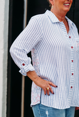 Multiples Multiples White Navy Roll Tab Long Sleeve 3-Pocket Button Front Hi-Lo Shirt