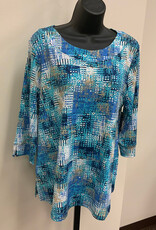 L.Hamrick N Touch Blue/Tan/White Checker Print 3/4 Sleeve Petite Top BO