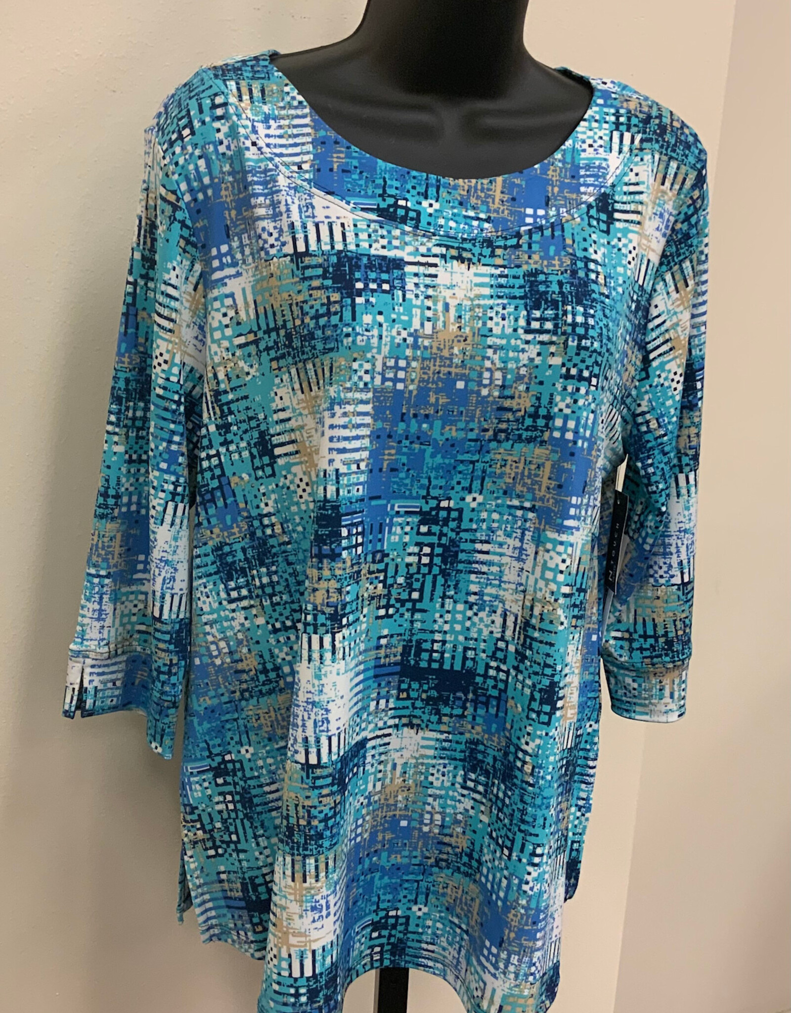 L.Hamrick N Touch Blue/Tan/White Checker Print 3/4 Sleeve Petite Top BO