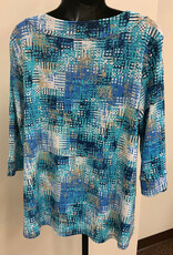 L.Hamrick N Touch Blue/Tan/White Checker Print 3/4 Sleeve Petite Top BO