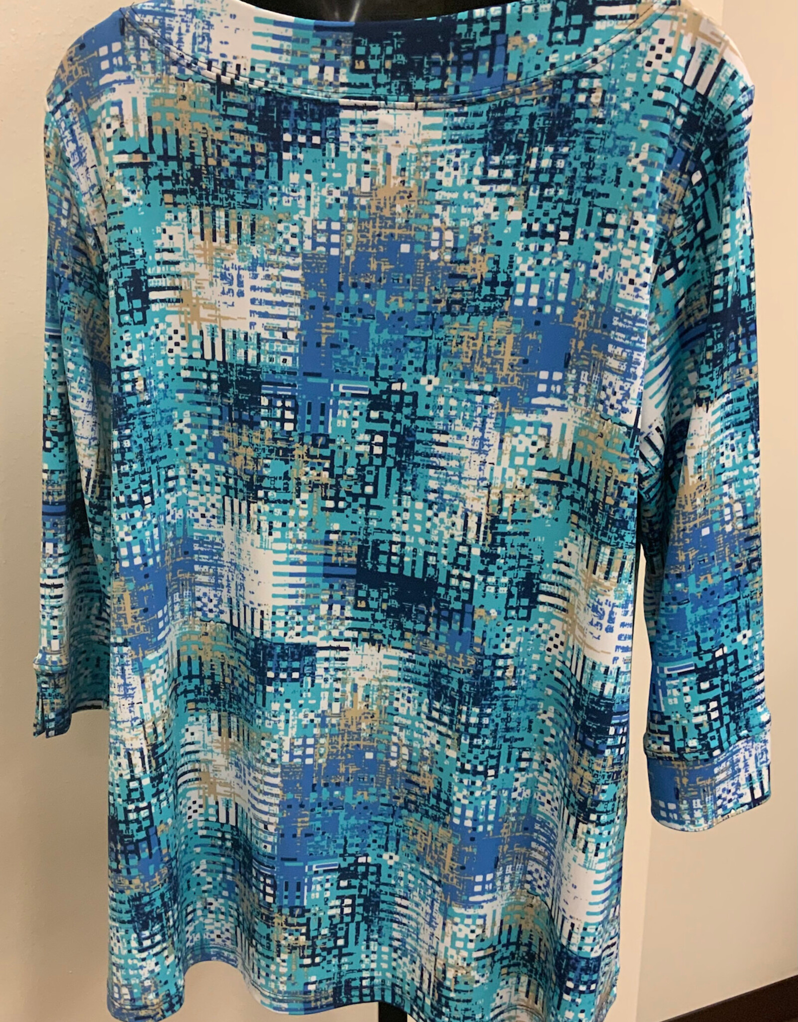 L.Hamrick N Touch Blue/Tan/White Checker Print 3/4 Sleeve Petite Top BO