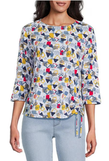 Multiples Multiples Multi 3/4 Sleeve Drop Shoulder Bateau Neck Side Drawstring Top