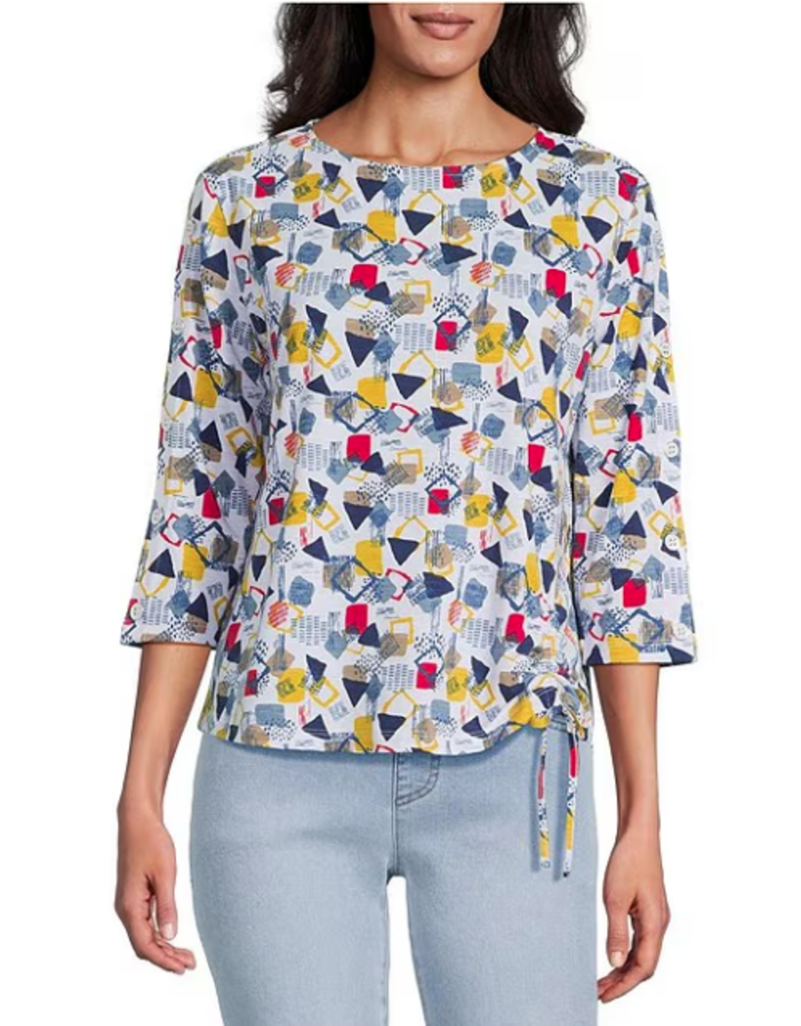 Multiples Multiples Multi 3/4 Sleeve Drop Shoulder Bateau Neck Side Drawstring Top