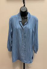 Multiples Multiples Denim Print 3/4 Drawstring Sleeve Band Collar Button Front Hi-Lo Shirt AS