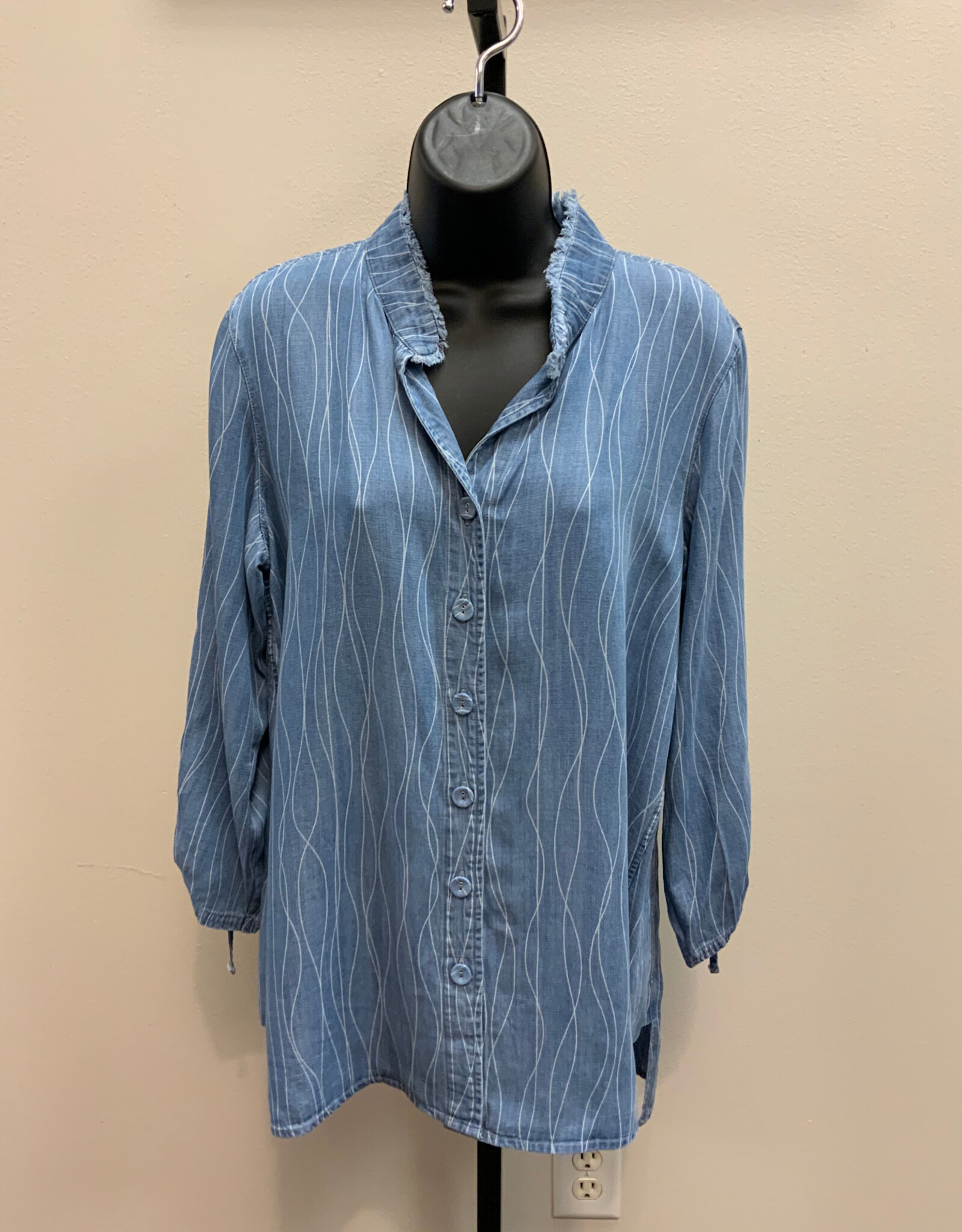 Multiples Multiples Denim Print 3/4 Drawstring Sleeve Band Collar Button Front Hi-Lo Shirt AS