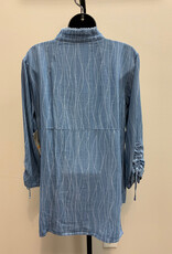 Multiples Multiples Denim Print 3/4 Drawstring Sleeve Band Collar Button Front Hi-Lo Shirt AS