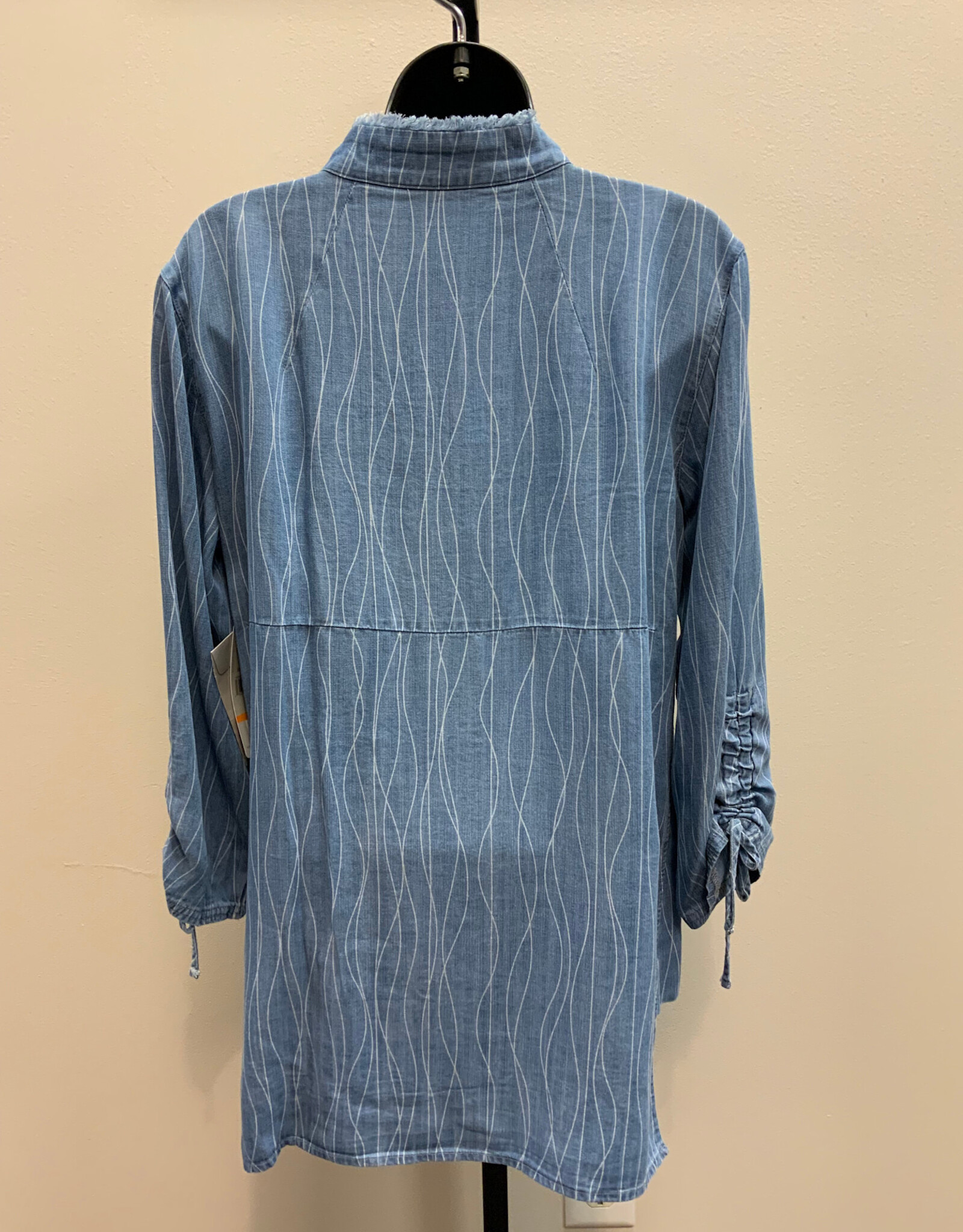 Multiples Multiples Denim Print 3/4 Drawstring Sleeve Band Collar Button Front Hi-Lo Shirt AS