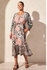Tribal Tribal Blk/Wht/Salmon Patch Print V-Neck L/S Dress