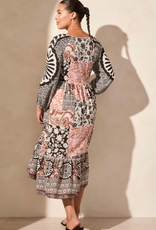 Tribal Tribal Blk/Wht/Salmon Patch Print V-Neck L/S Dress