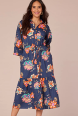 Democracy Democracy Navy 3/4 Blouson Sleeve Button Front Self Tie Tiered Woven Dress