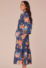 Democracy Democracy Navy 3/4 Blouson Sleeve Button Front Self Tie Tiered Woven Dress