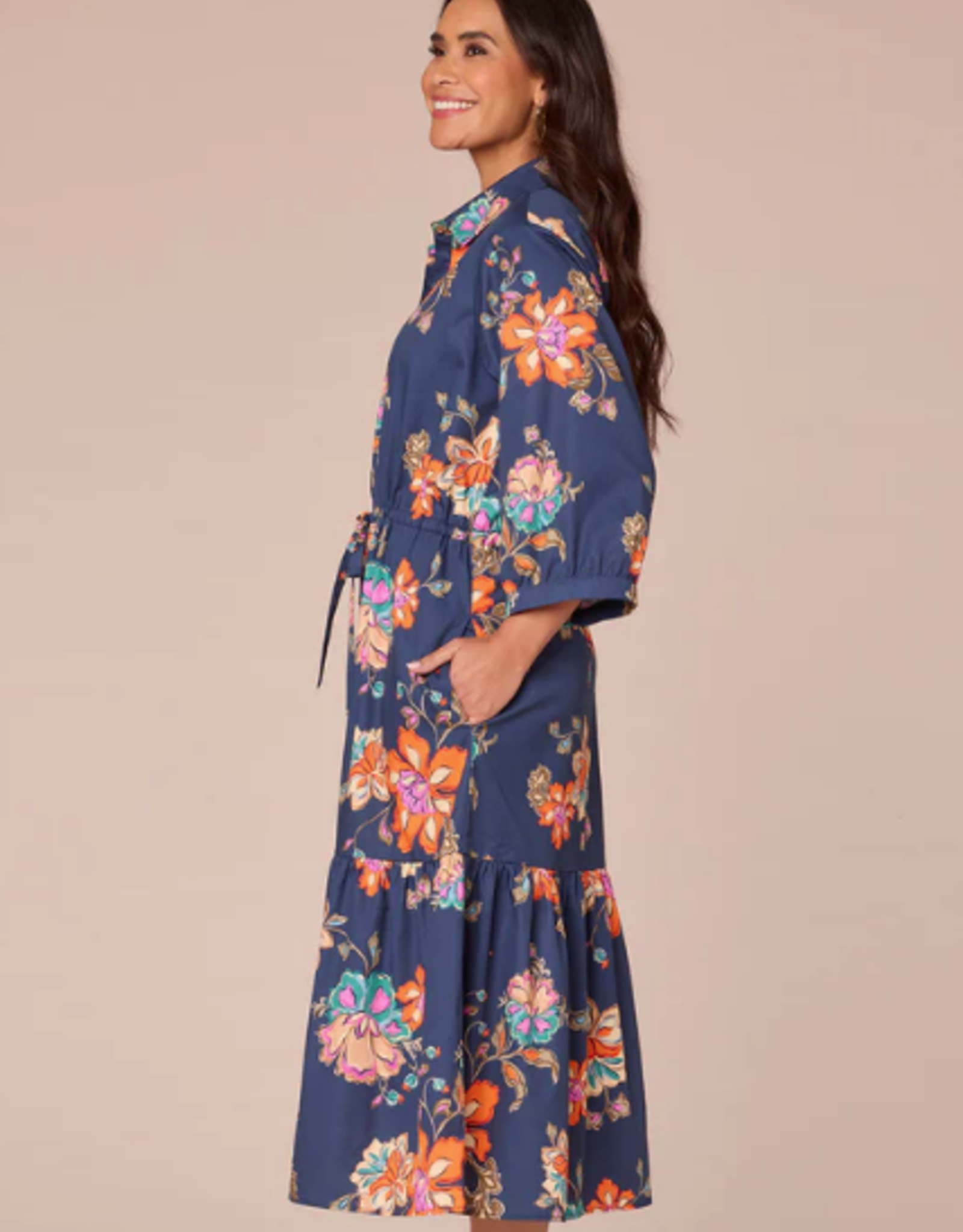 Democracy Democracy Navy 3/4 Blouson Sleeve Button Front Self Tie Tiered Woven Dress