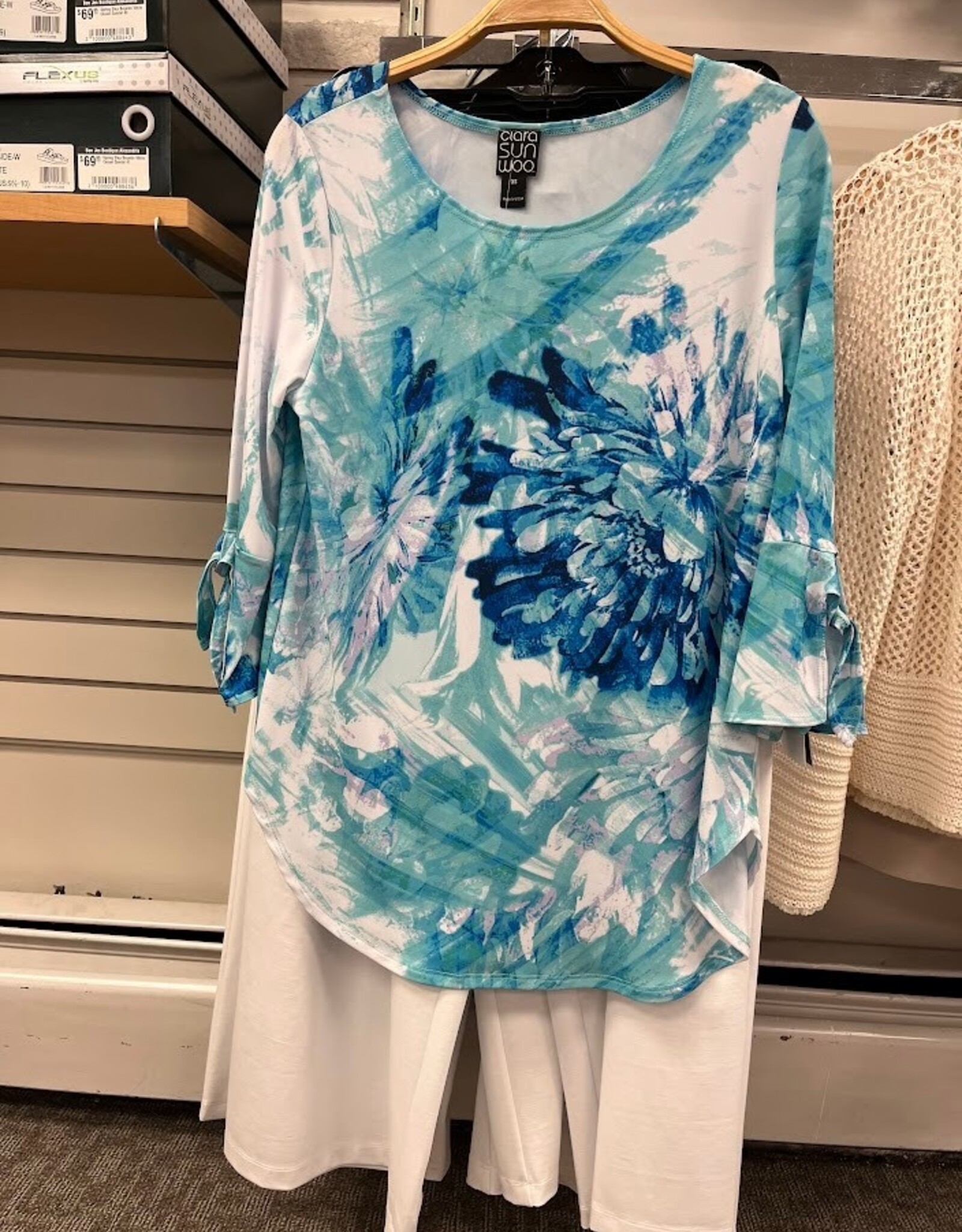 Clara Sun Woo Clara Sun Woo Turq/White Floral Print Soft Knit Scoop Tunic W/Cuff Tie Detail