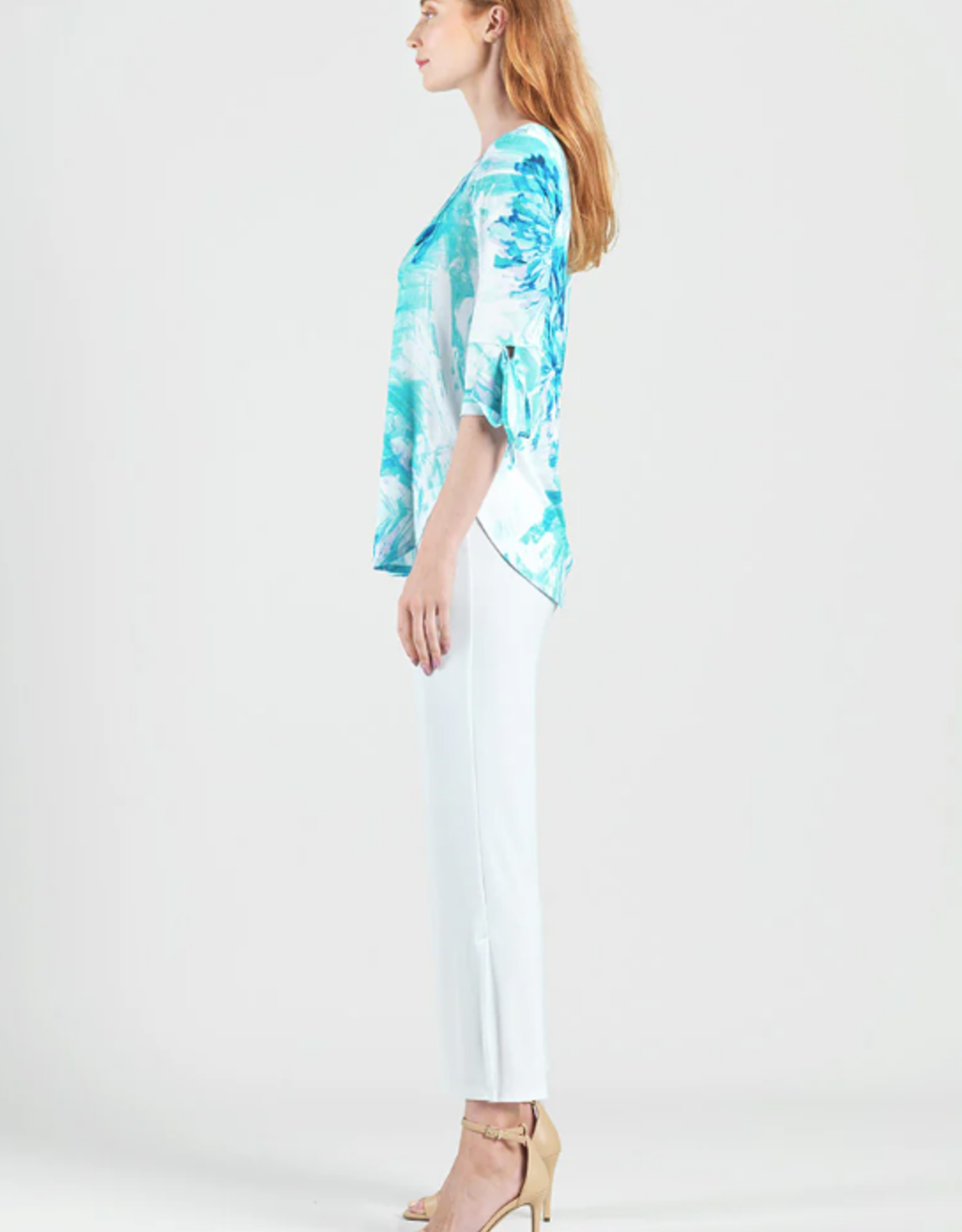 Clara Sun Woo Clara Sun Woo Turq/White Floral Print Soft Knit Scoop Tunic W/Cuff Tie Detail