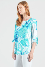 Clara Sun Woo Clara Sun Woo Turq/White Floral Print Soft Knit Scoop Tunic W/Cuff Tie Detail