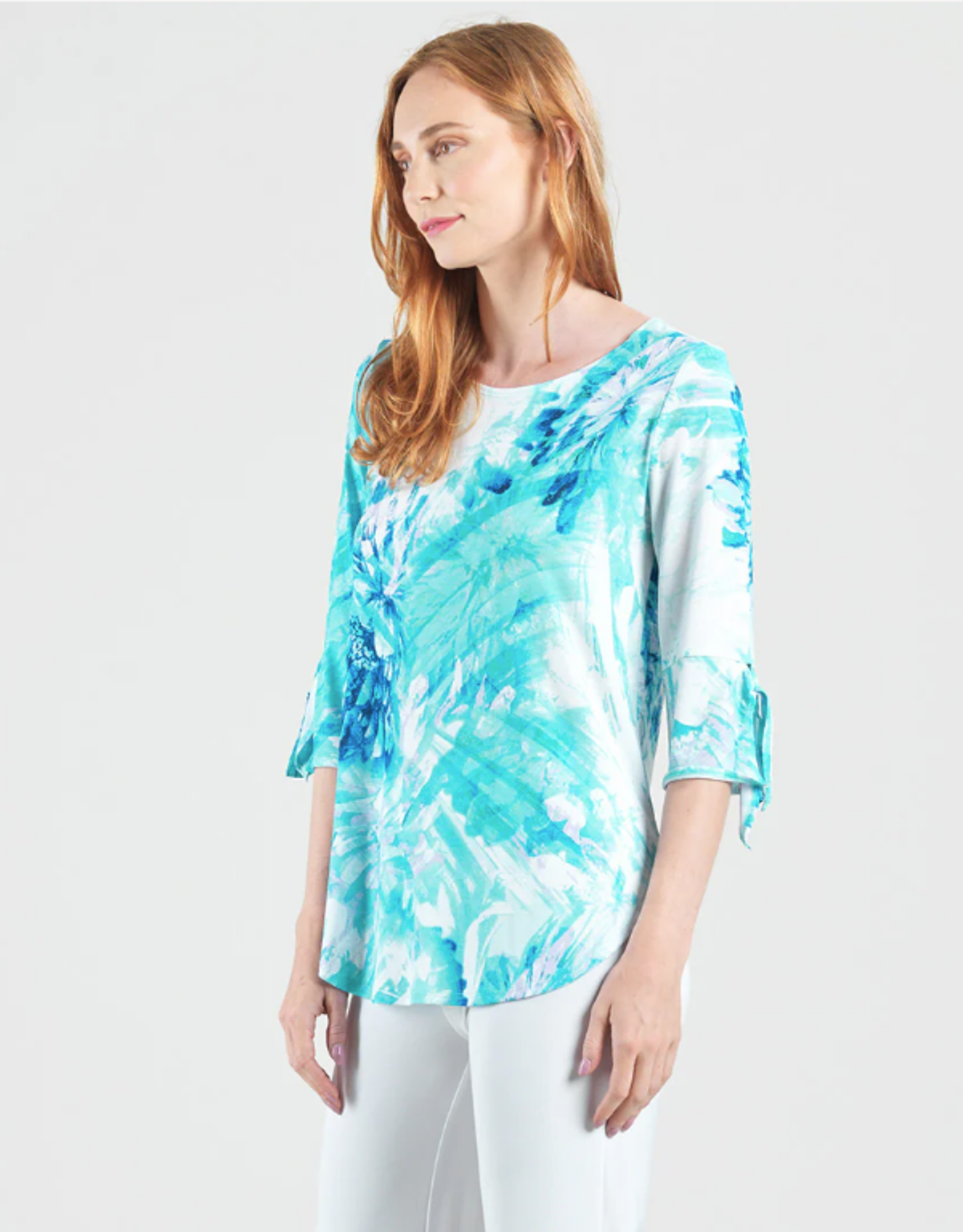 Clara Sun Woo Clara Sun Woo Turq/White Floral Print Soft Knit Scoop Tunic W/Cuff Tie Detail
