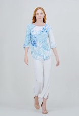 Clara Sun Woo Clara Sun Woo Turq/White Floral Print Soft Knit Scoop Tunic W/Cuff Tie Detail