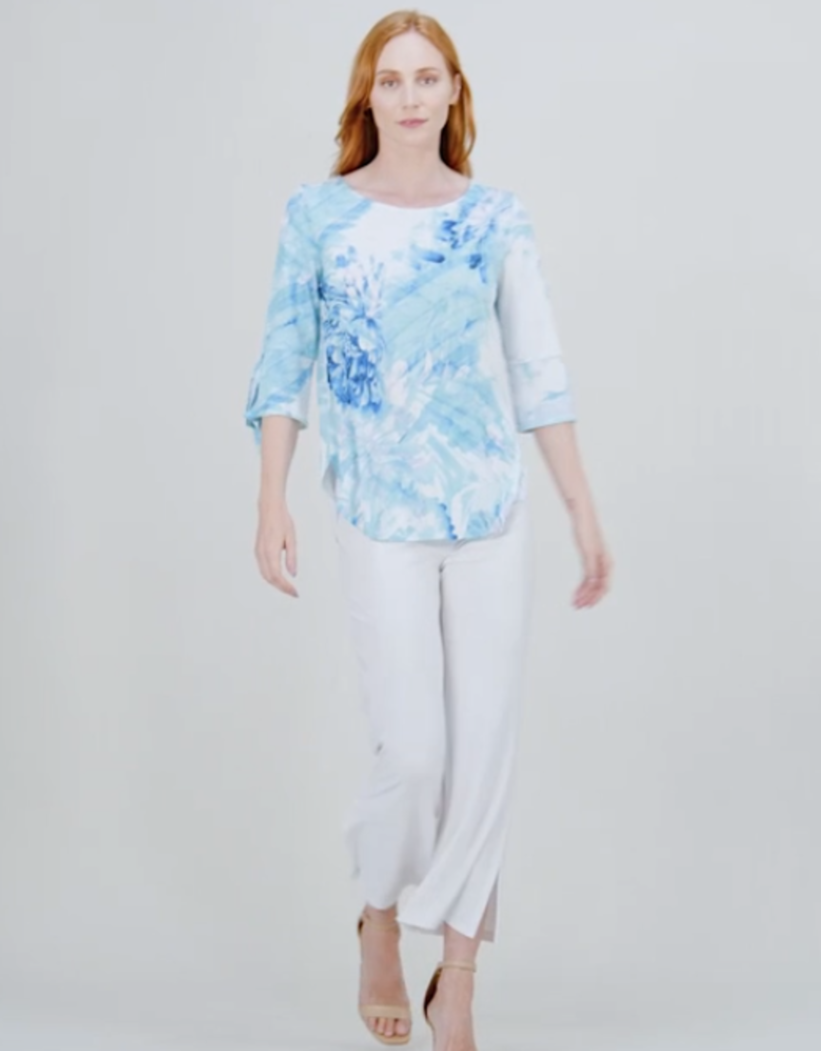 Clara Sun Woo Clara Sun Woo Turq/White Floral Print Soft Knit Scoop Tunic W/Cuff Tie Detail