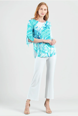 Clara Sun Woo Clara Sun Woo Turq/White Floral Print Soft Knit Scoop Tunic W/Cuff Tie Detail