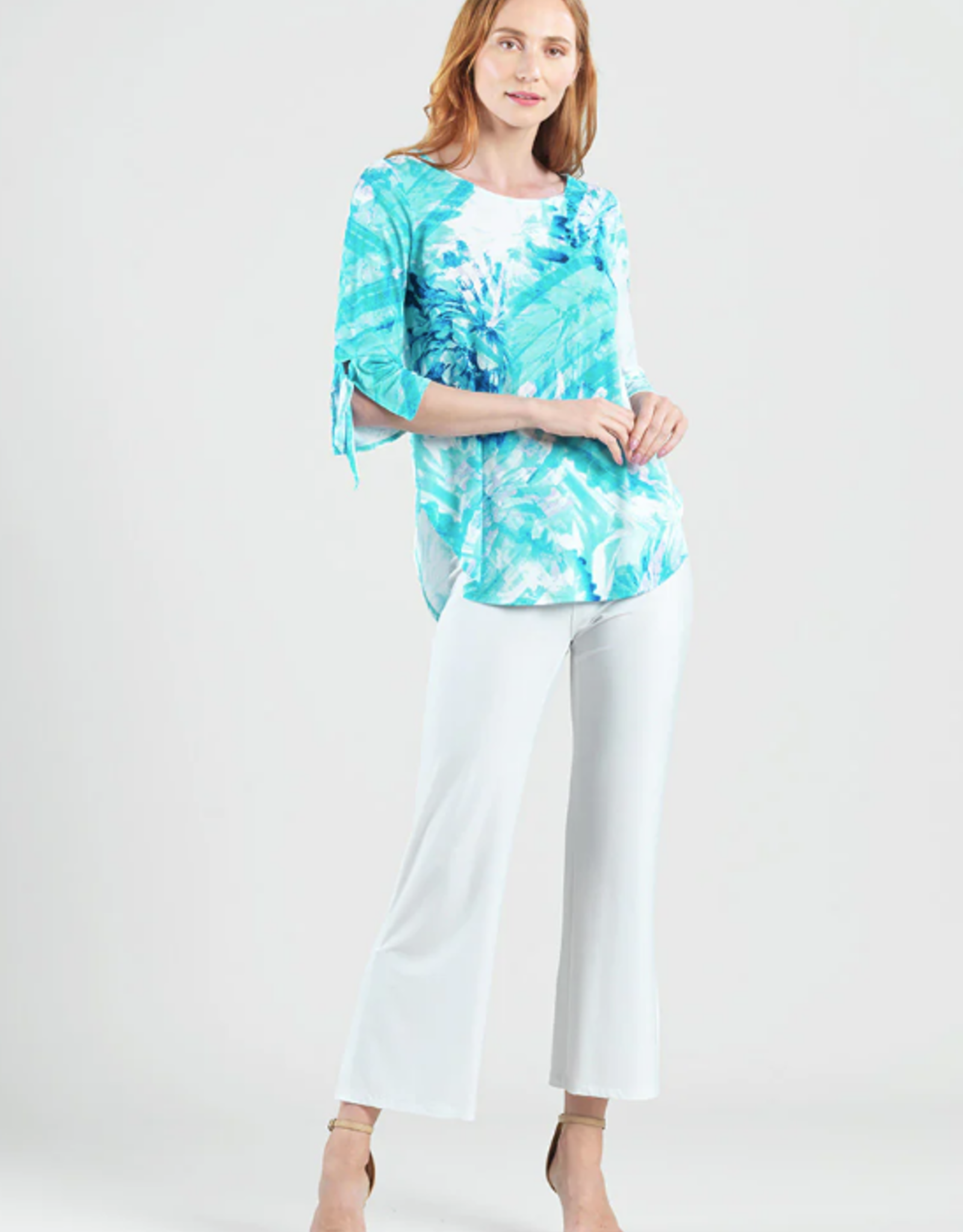 Clara Sun Woo Clara Sun Woo Turq/White Floral Print Soft Knit Scoop Tunic W/Cuff Tie Detail