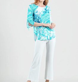 Clara Sun Woo Clara Sun Woo Turq/White Floral Print Soft Knit Scoop Tunic W/Cuff Tie Detail