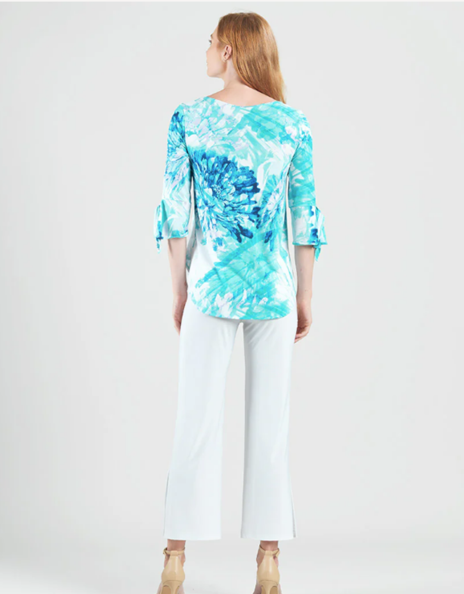 Clara Sun Woo Clara Sun Woo Turq/White Floral Print Soft Knit Scoop Tunic W/Cuff Tie Detail