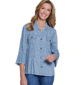 Multiples Multiples Petite Denim Print 3/4 Flounce Sleeve 2-Pocket Button Front Peplum Jacket