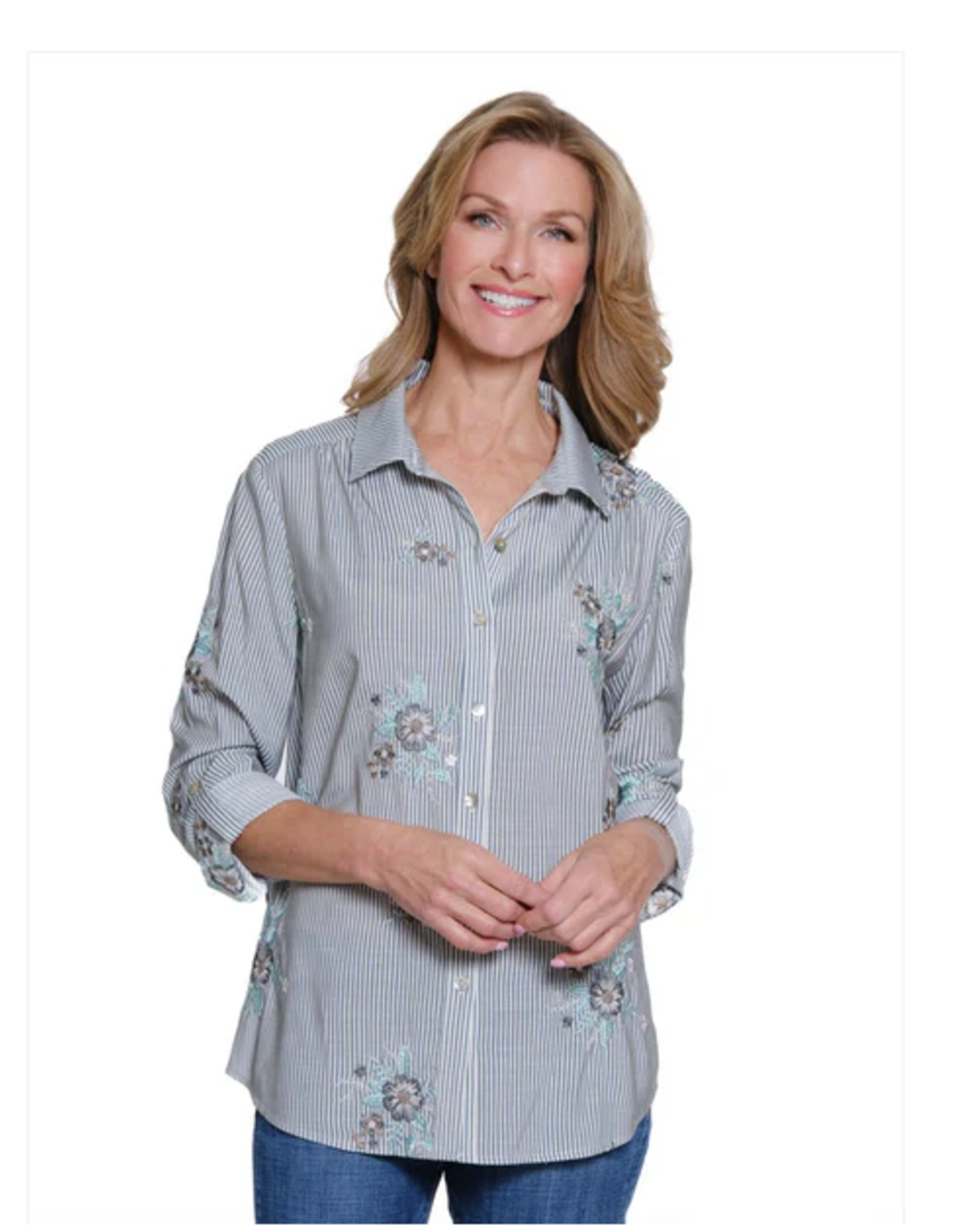 Multiples Multiples Petite Chambray Roll Tab L/S Buttone Front Hi-Lo Shirt W/Embroidery AC
