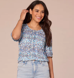 Democracy Democracy Island Sky Elbow Puff Blouson Sleeve Ruched Crew Neck Knit Top LE