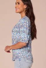 Democracy Democracy Island Sky Elbow Puff Blouson Sleeve Ruched Crew Neck Knit Top LE Democracy Democracy Island Sky Elbow Puff Blouson Sleeve Ruched Crew Neck Knit Top LE