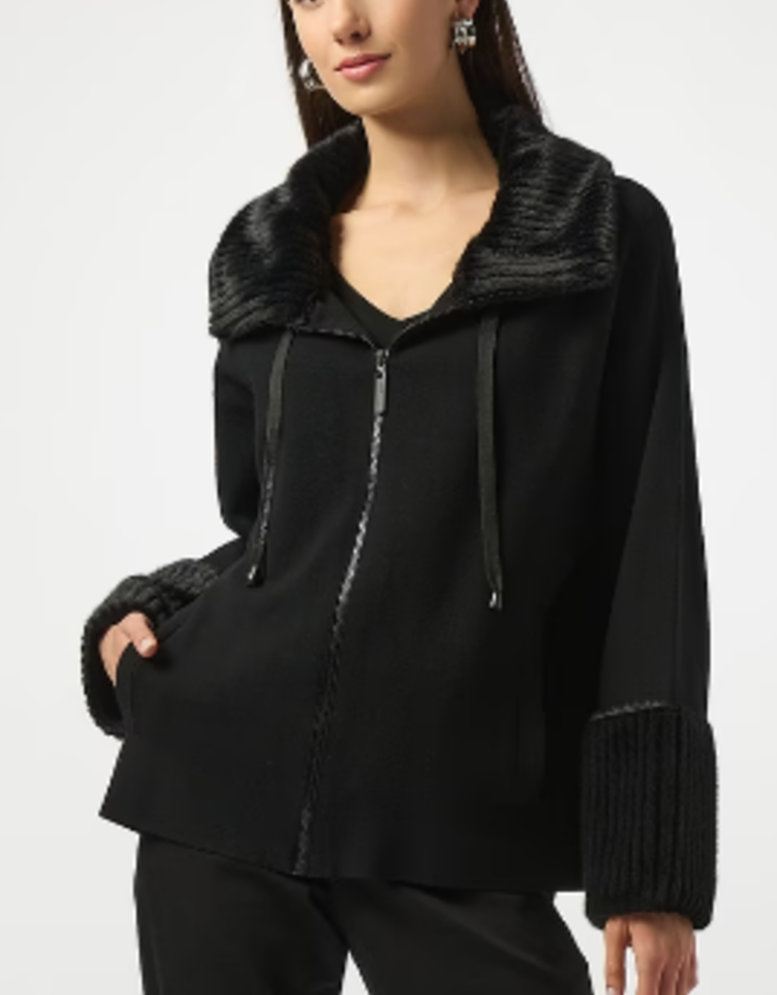 Joseph Ribkoff Joseph Ribkoff  Black Relaxed Fit Faux Fur Detail Shawl Jacket BLB