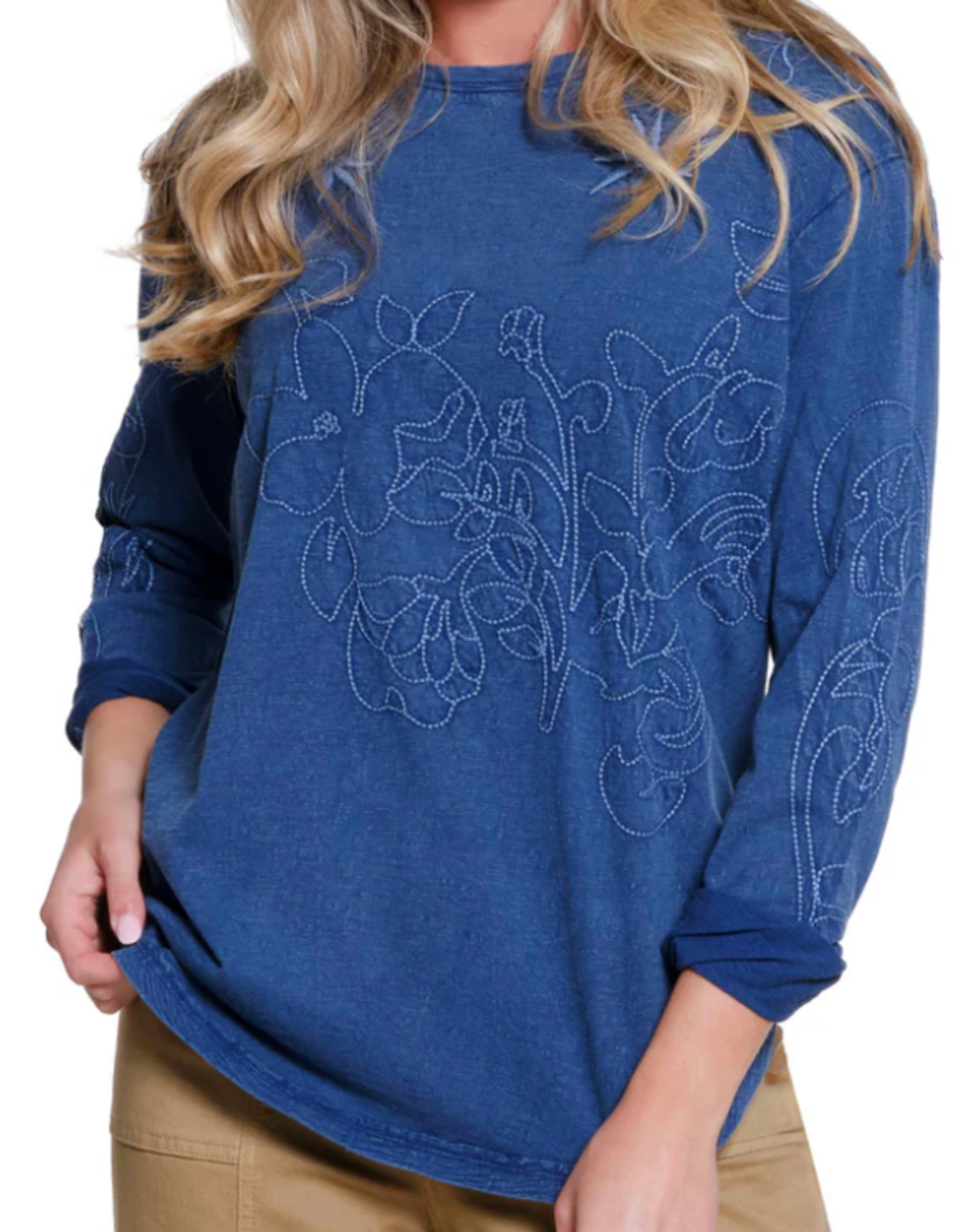 Tru Luxe Tru Luxe Blue Embroidered Slub Jersey Top AS