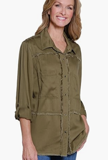 Multiples Multiples Moss Green Roll Tab L/S 2-plt Button Front Fringed Shirt AO