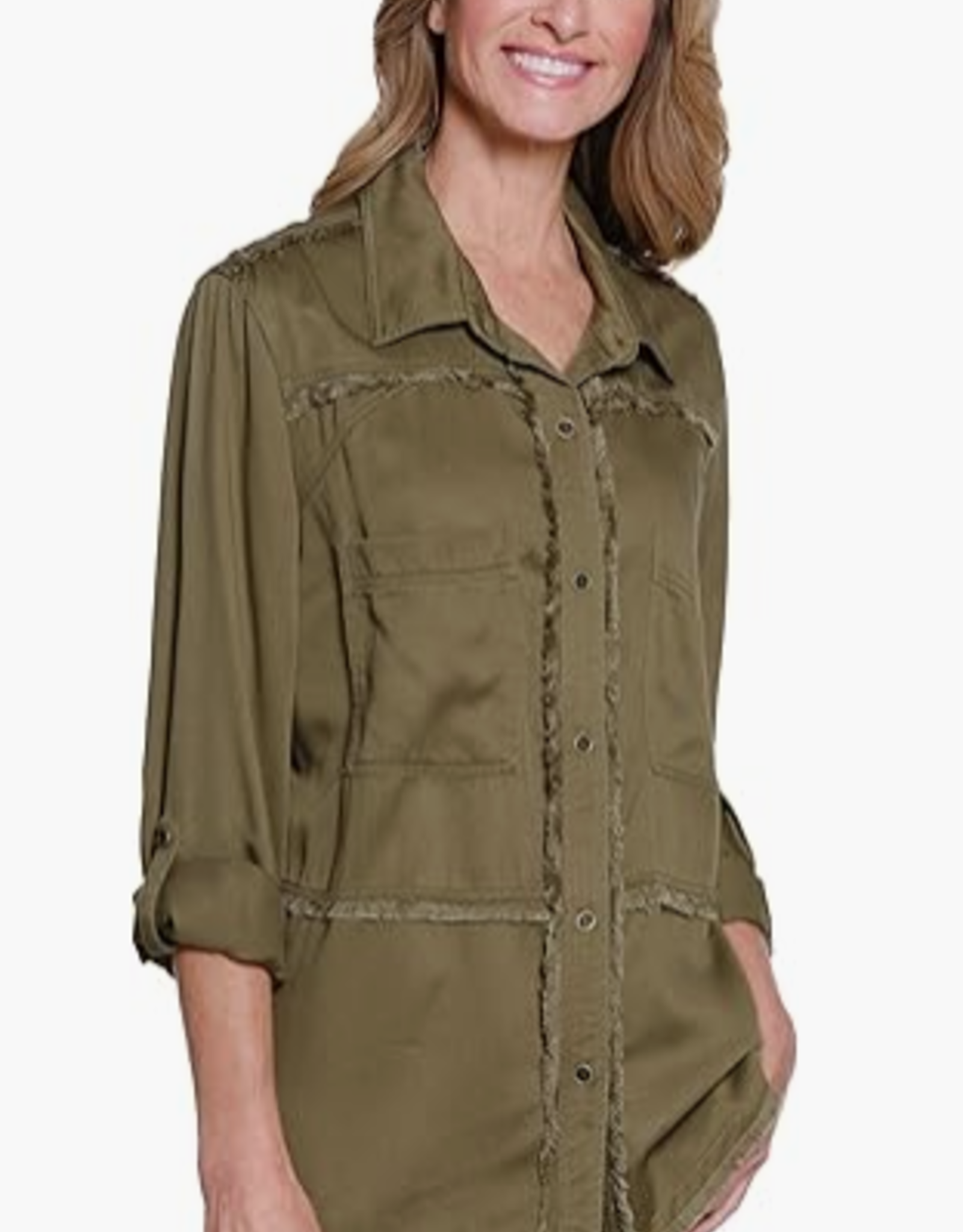 Multiples Multiples Moss Green Roll Tab L/S 2-plt Button Front Fringed Shirt AO