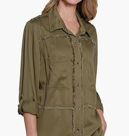 Multiples Multiples Moss Green Roll Tab L/S 2-plt Button Front Fringed Shirt AO
