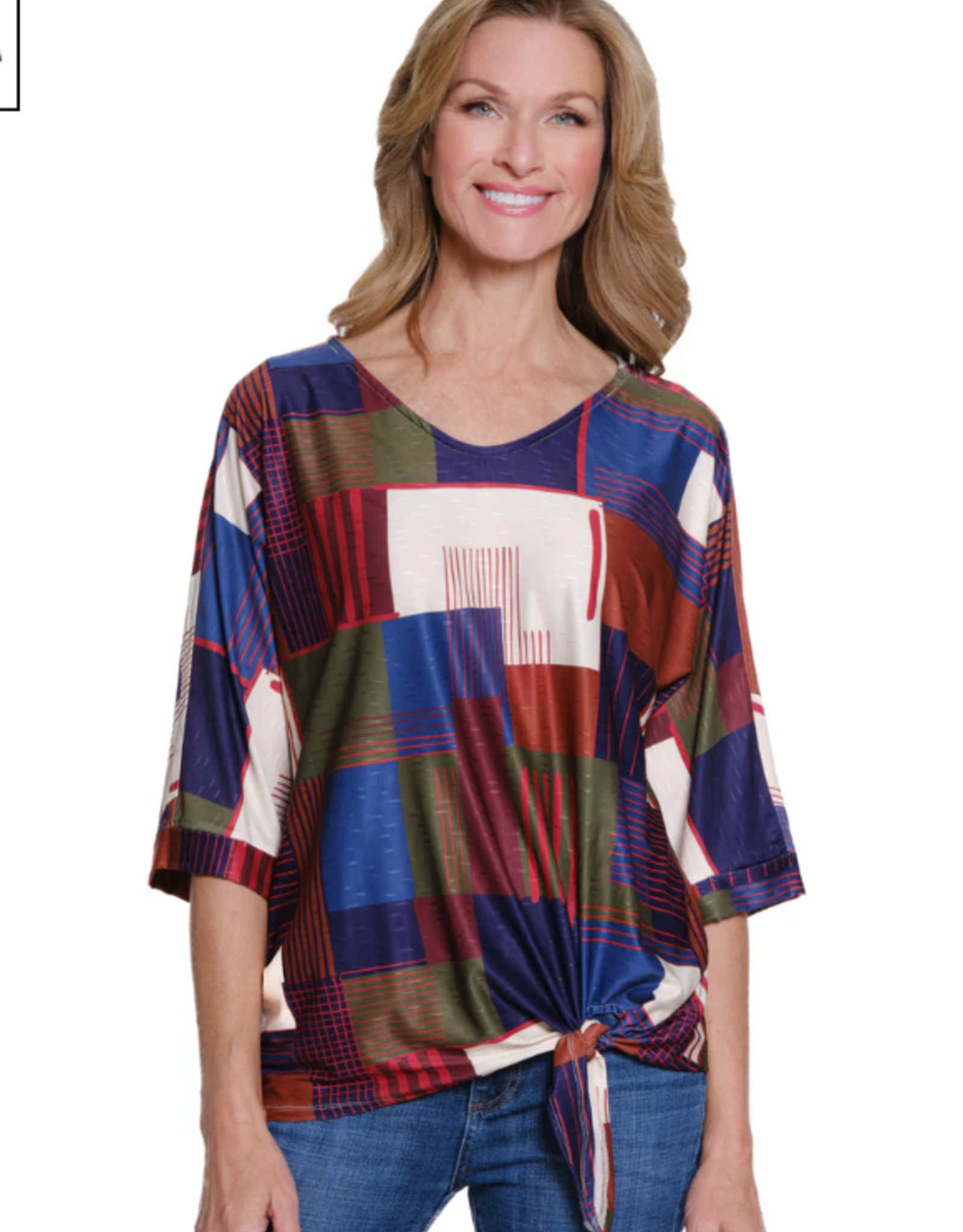 Multiples Multiples  Square Multi Cuffed Elbow sleeve V-Neck Tie Waist Top LO