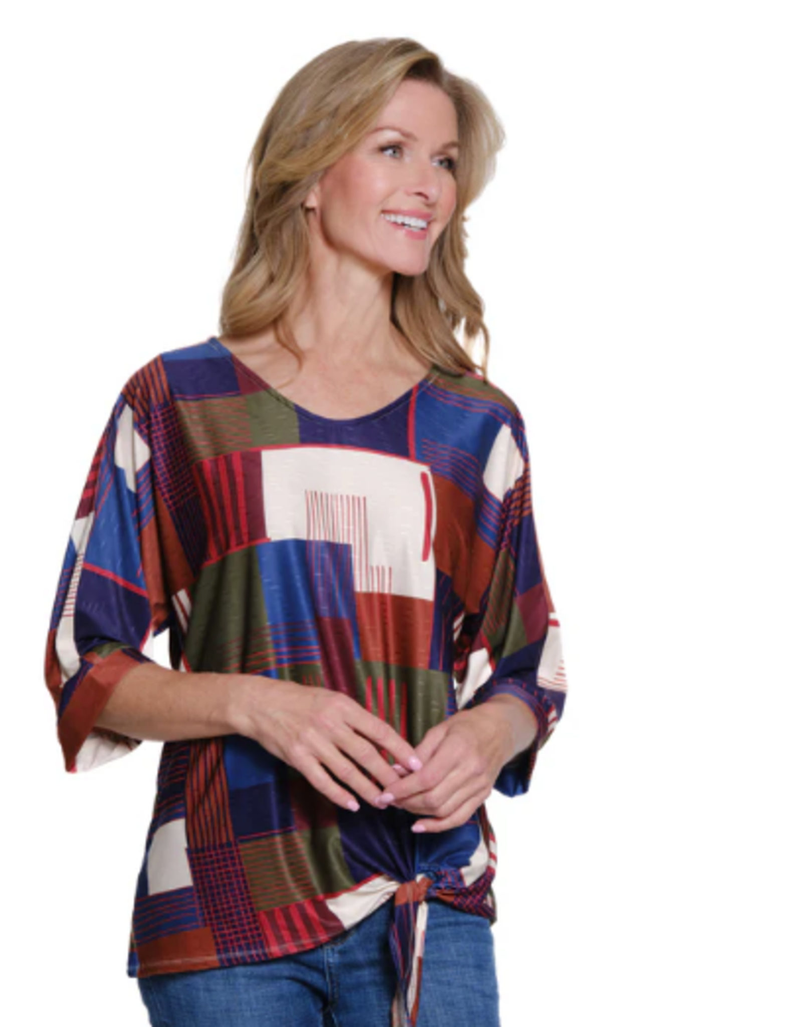 Multiples Multiples  Square Multi Cuffed Elbow sleeve V-Neck Tie Waist Top LO