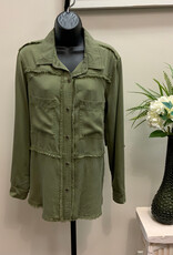 Multiples Multiples Moss Green Roll Tab L/S 2-plt Button Front Fringed Shirt AO