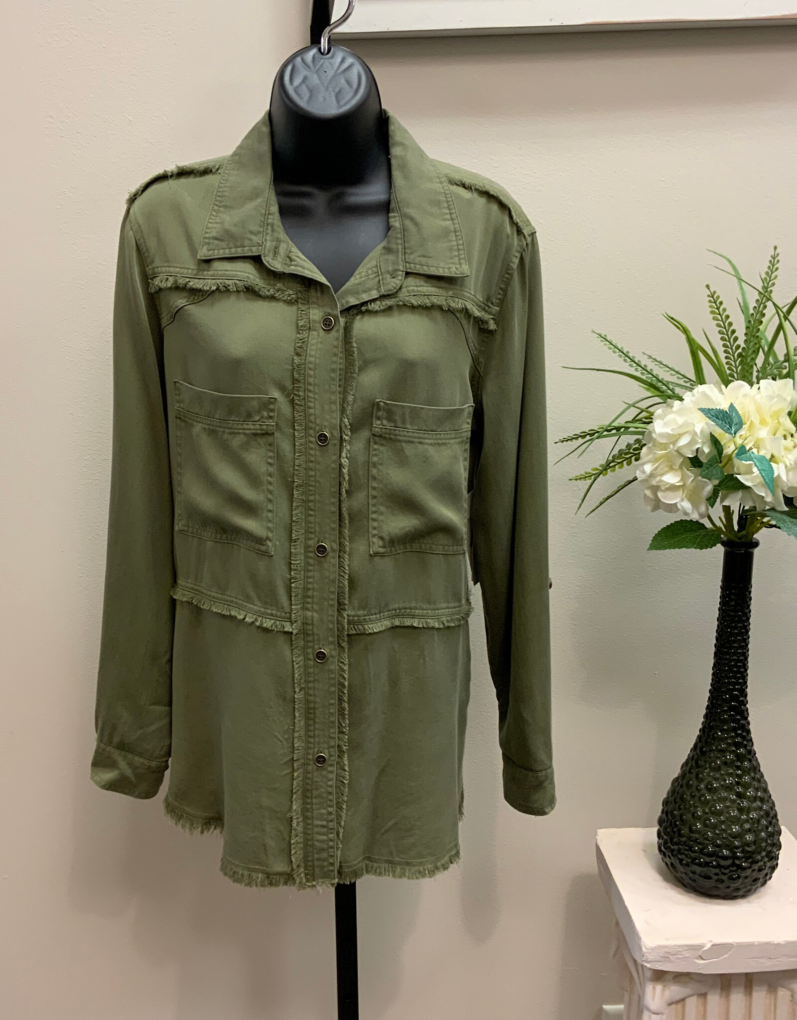 Multiples Multiples Moss Green Roll Tab L/S 2-plt Button Front Fringed Shirt AO