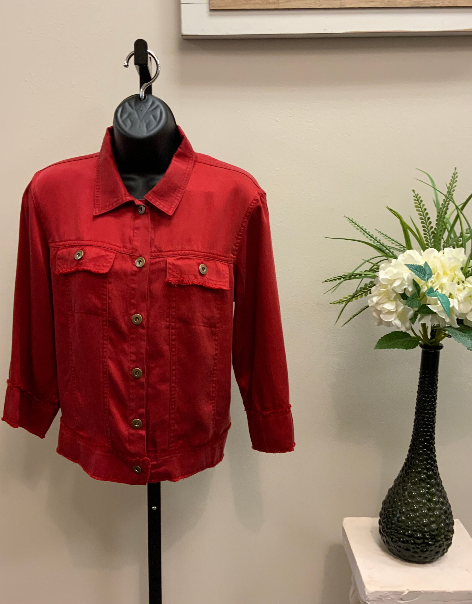 Multiples Multiples Petite Chili Pepper Cuffed 3/4 Sleeve Drop Shoulder 2-Pkt Button Front Fringe Trim Jacket AS