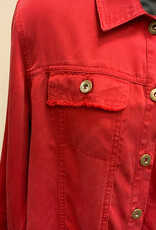 Multiples Multiples Petite Chili Pepper Cuffed 3/4 Sleeve Drop Shoulder 2-Pkt Button Front Fringe Trim Jacket AS